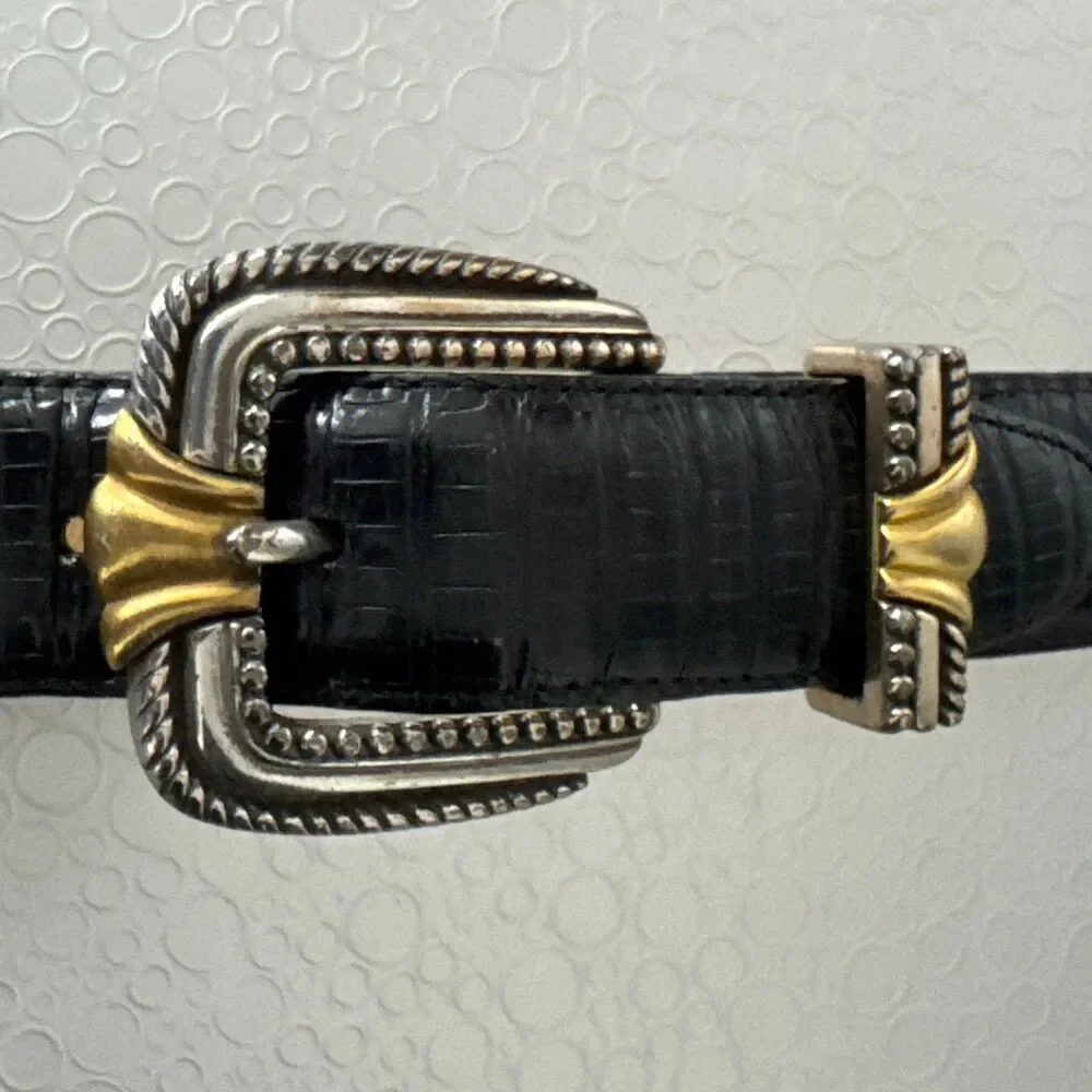 Vintage Brighton Museum Collection Golden Coins Leather Belt Black Croc S 37903